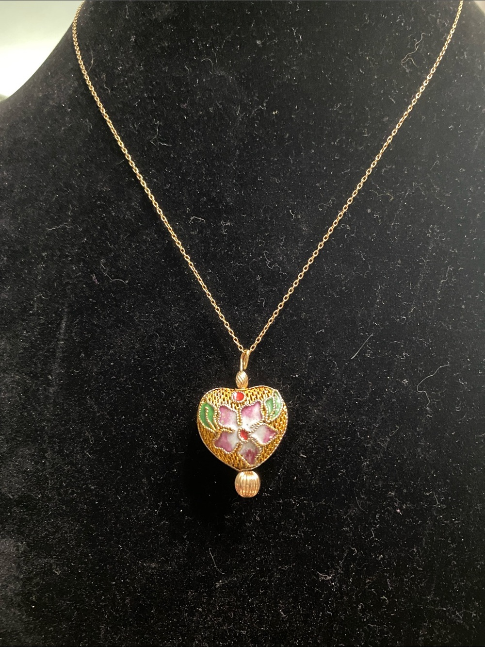 925 Gold Cloisonné Heart Floral Pendant Necklace